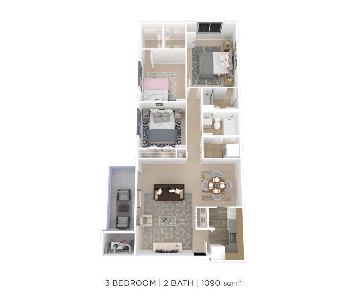 Floor Plan - Three Bedroom 2 Bath -1090 sqft