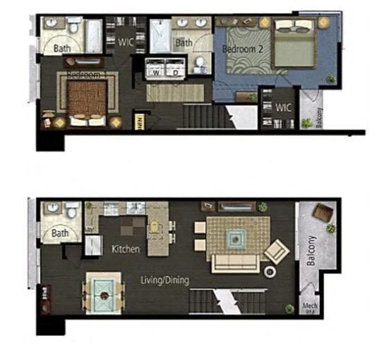 Floor Plan - 2 Bed, 2 Bath Townhome