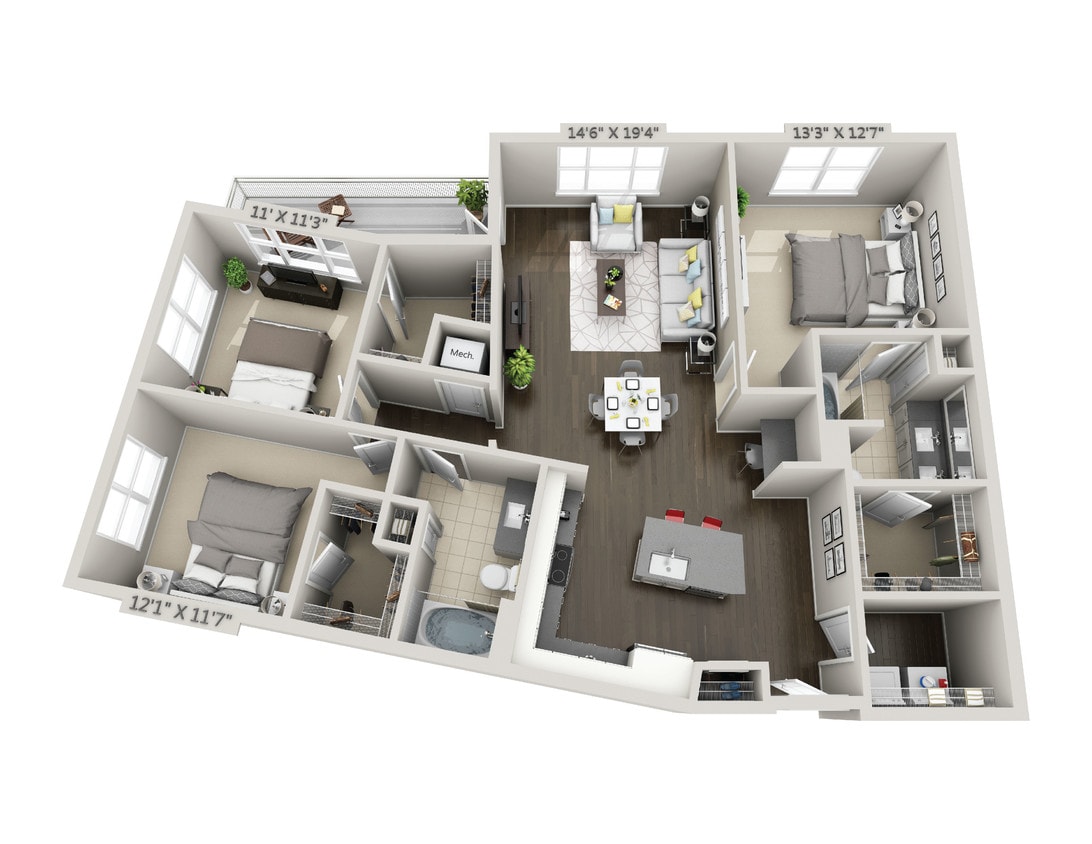 Floor Plan - D3 3 Bedroom 2 Bath