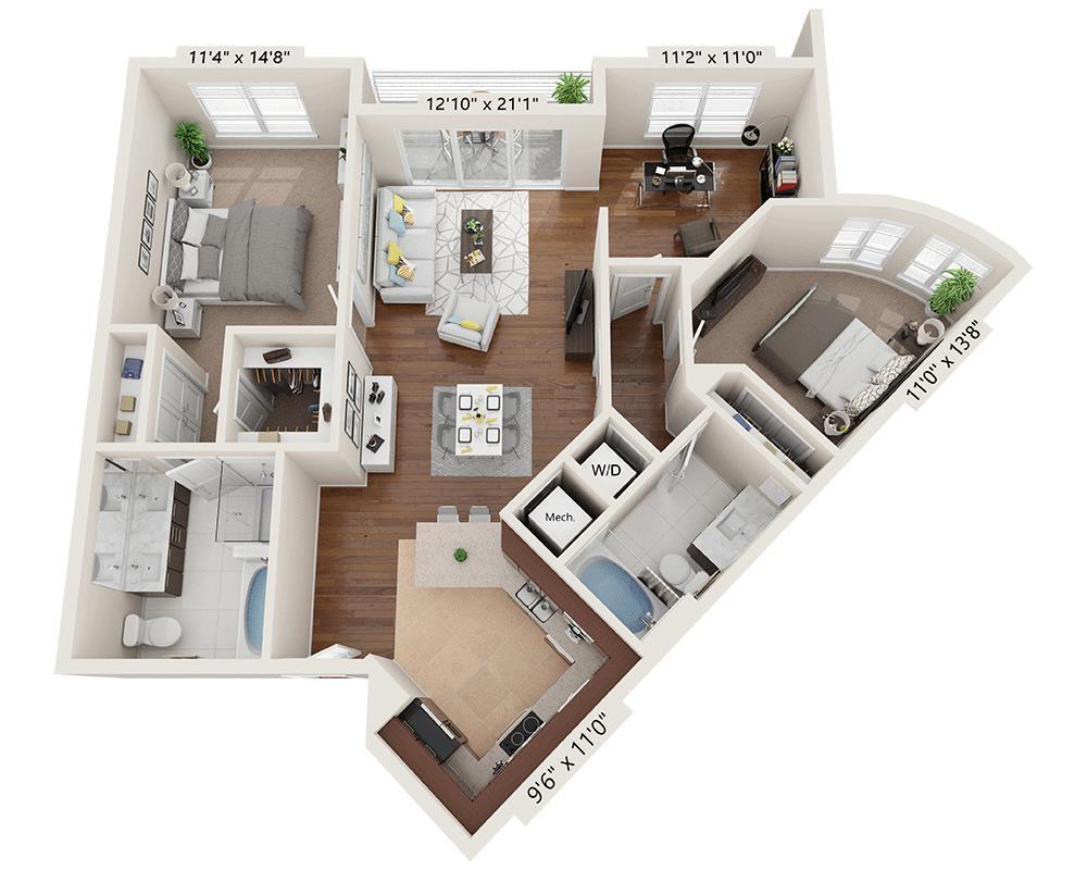 Floor Plan - Two Bedroom with Den B2B
