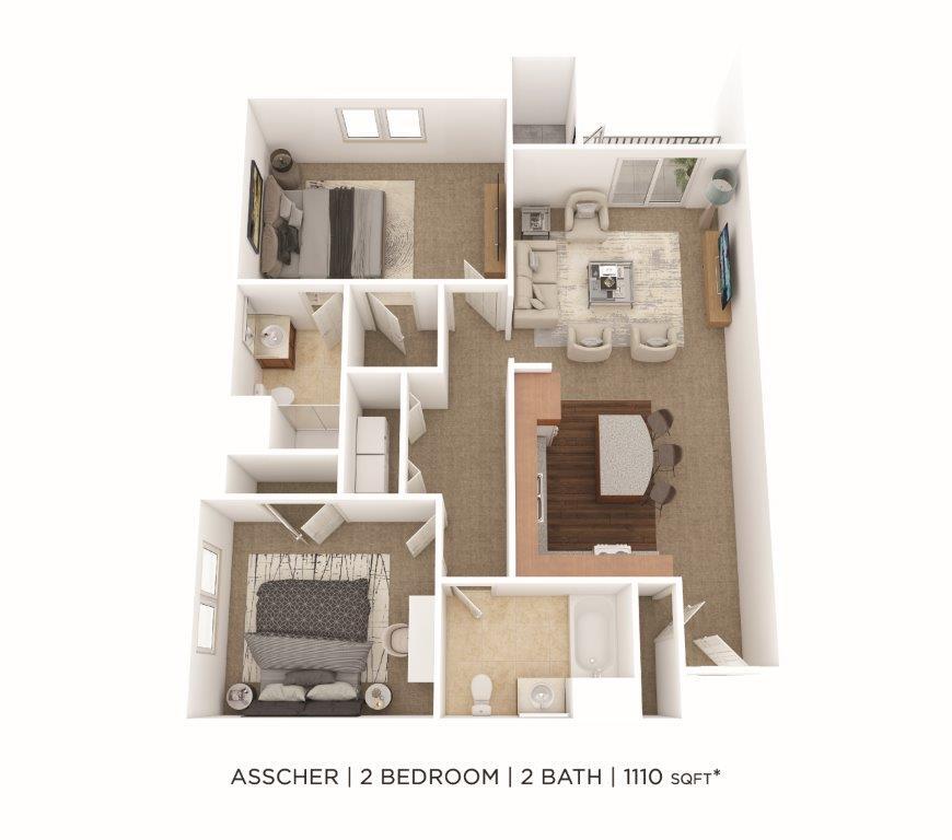 Floor Plan - Two Bedroom 2 Bath- 1110 sqft