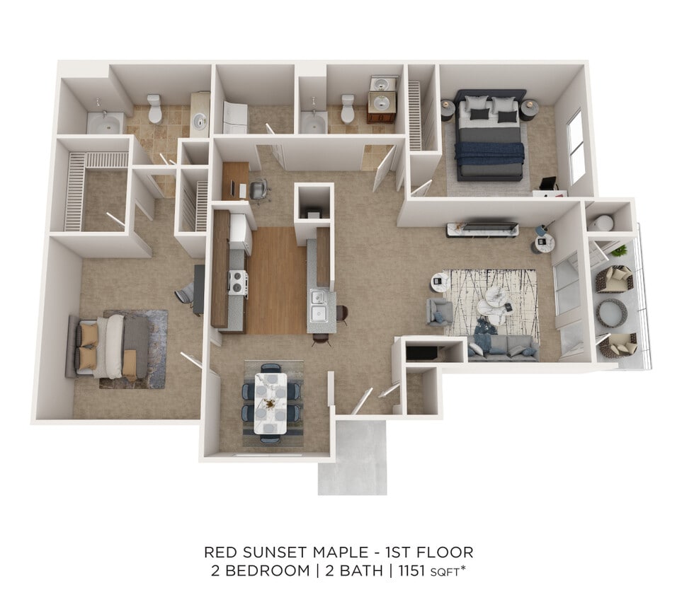 Floor Plan - Two Bedroom 2 Bath - 1,151 sqft