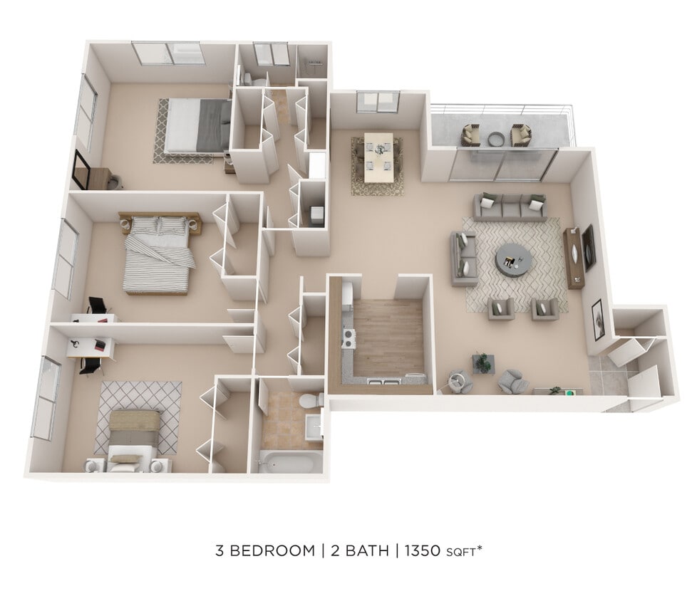 Floor Plan - Three Bedroom 2 Bath-1350 sqft