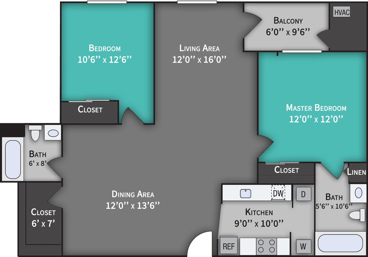 Floor Plan - Simone - 2 Bedroom 2 Bath
