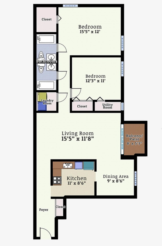 Two Bedroom Two Bath Mid-Rise Floorplan - Two Bedroom Two Bath Mid-Rise