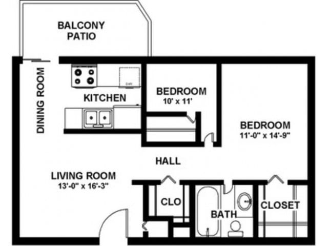 2 Bedroom 1 Bath - 900 sf - Two Bedroom A