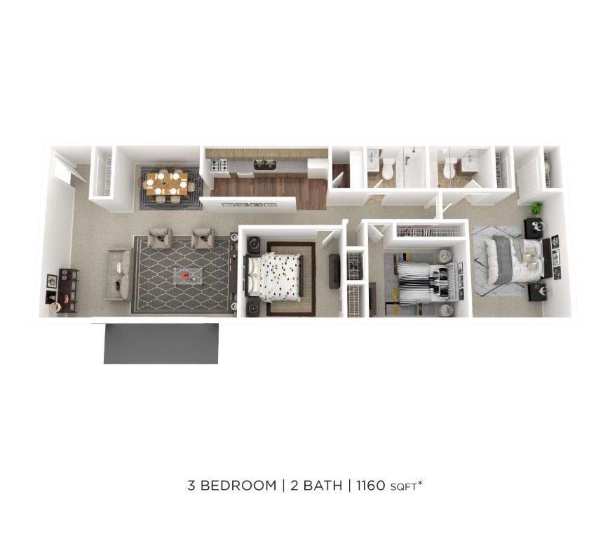 Floor Plan - Three Bedroom 2 Bath - 1,160 sqft