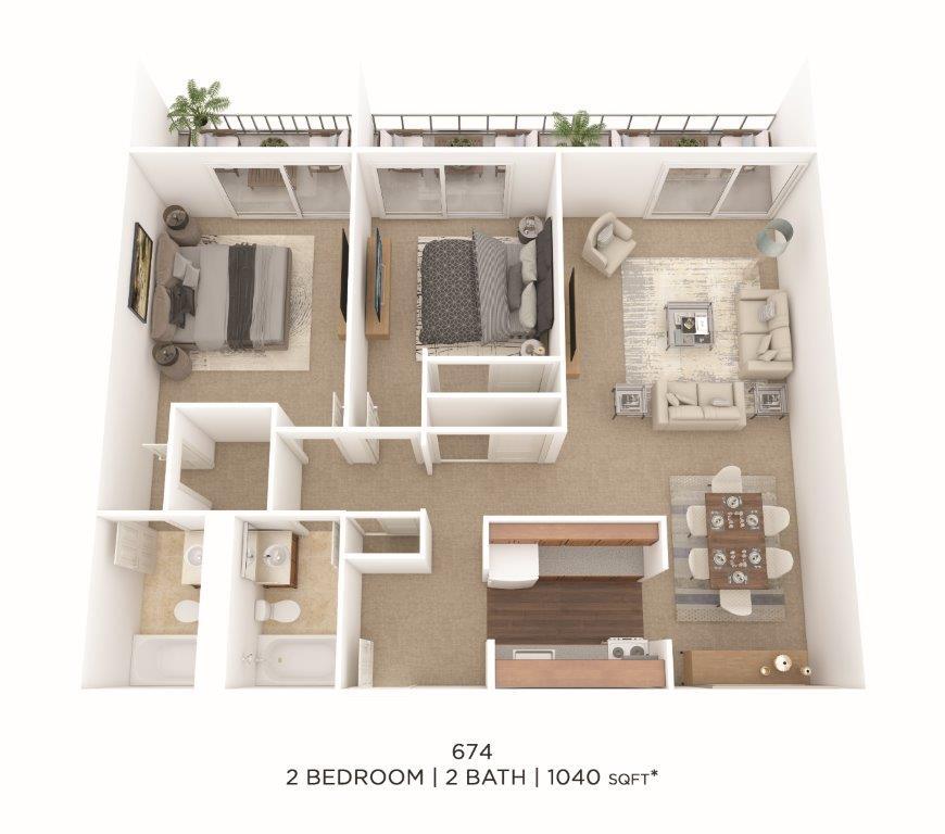 Floor Plan - Two Bedroom 2 Bath- 1040 sqft