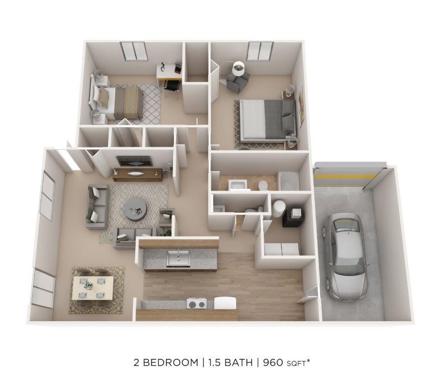 Floor Plan - Two Bedroom 1.5 Bath- 960 sqft