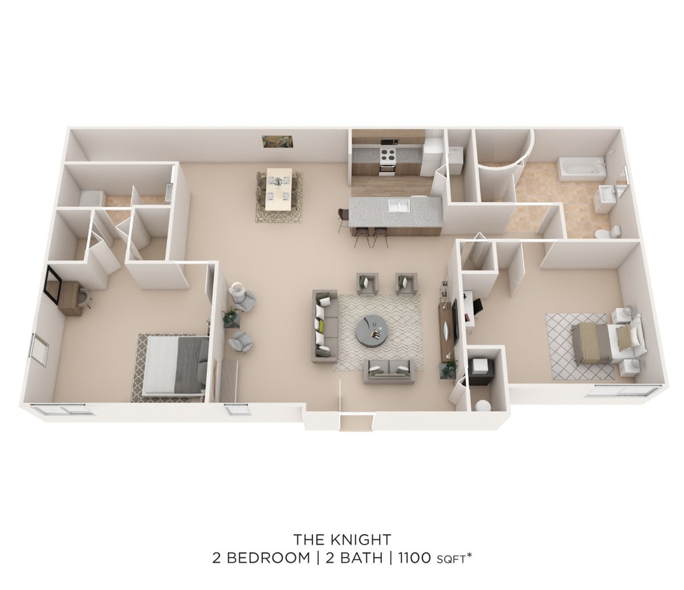 Floor Plan - Two Bedroom 2 Bath - 1,101 sqft