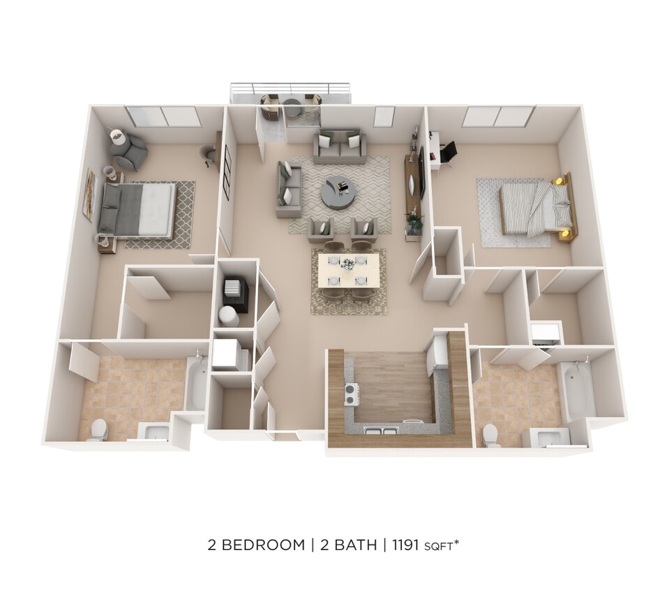 Floor Plan - Two Bedroom 2 Bath- 1191 sqft