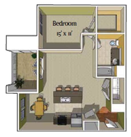 Floor Plan - Tahoe  1 bedroom 1 bath