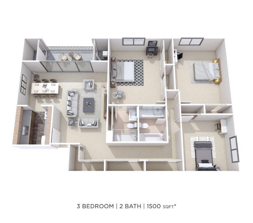 Floor Plan - Three Bedroom 2 Bath - 1,500 sqft