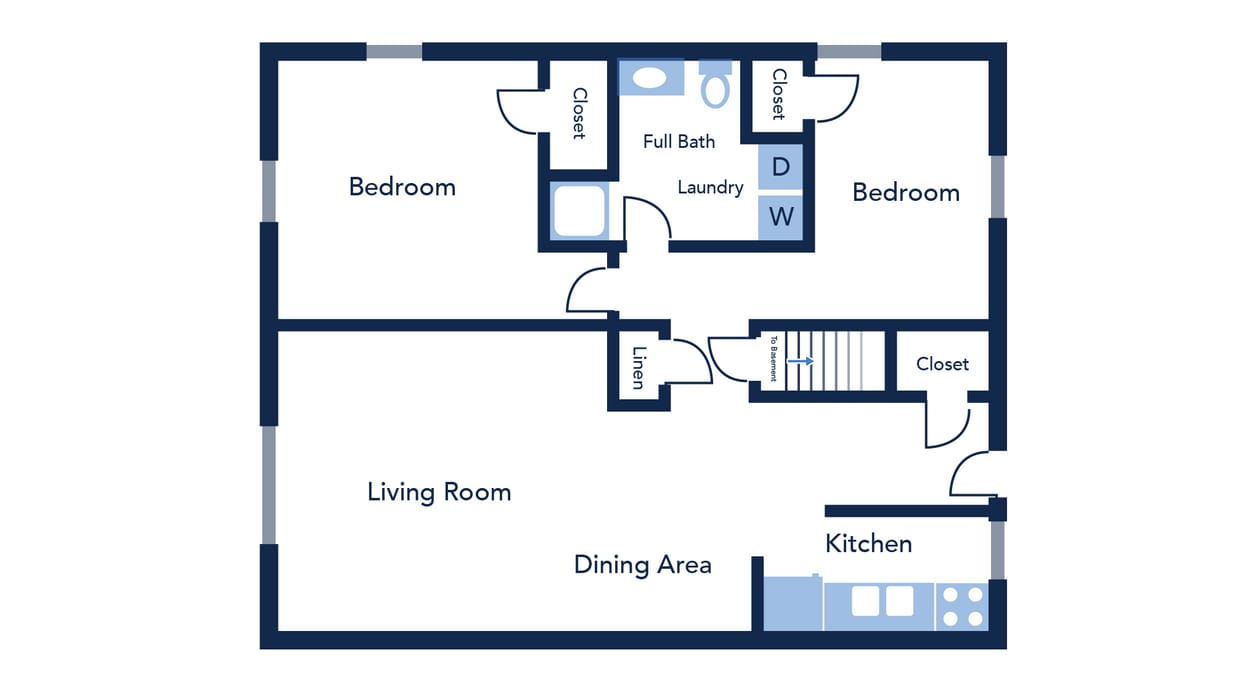Floor Plan - 2 Bedroom, 1 Bath 850 sq. ft.
