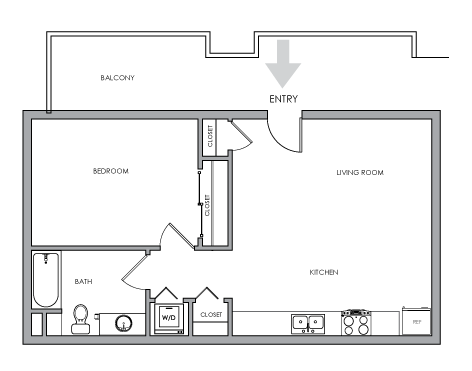 One-Bedroom, One-Bathroom 2D Floor Plans - 1X1 B - 1X1 B