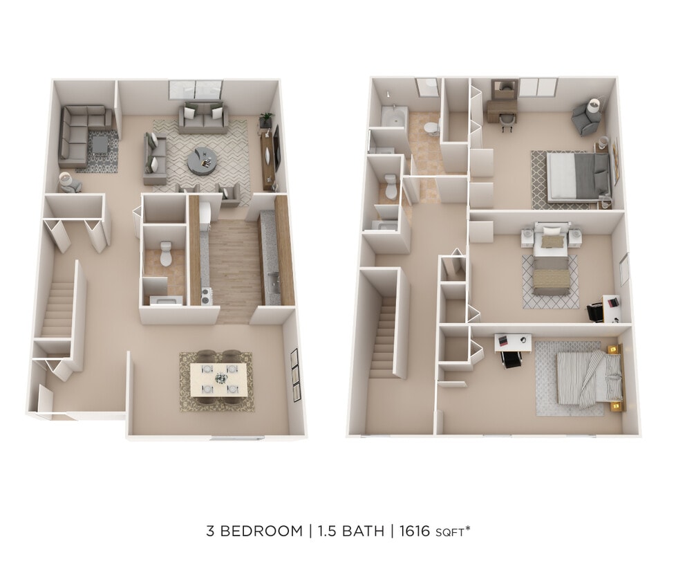 Floor Plan - Three Bedroom 1.5 Bath Townhome- 1,616 sqft