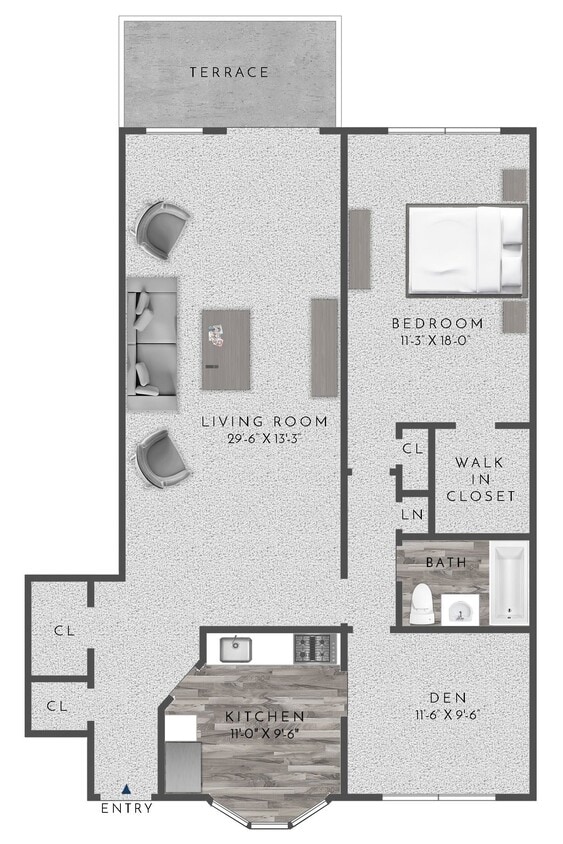 Floor Plan - 1 Bed 1 Bath + Den