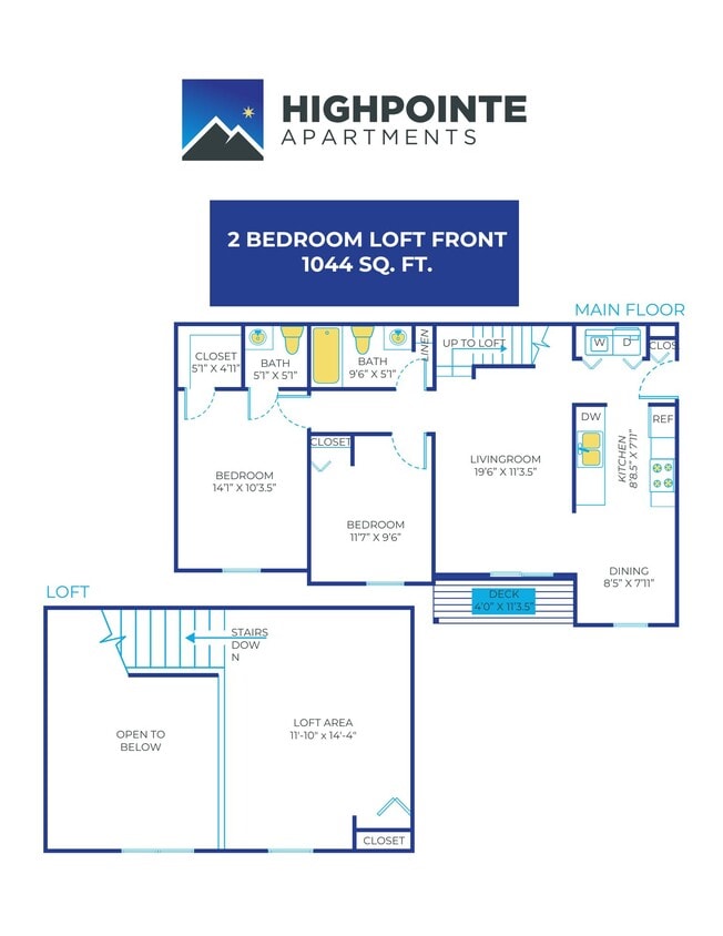 Floor Plan - 2 Bed, 1.5 Bath Loft - 1,044 sq ft