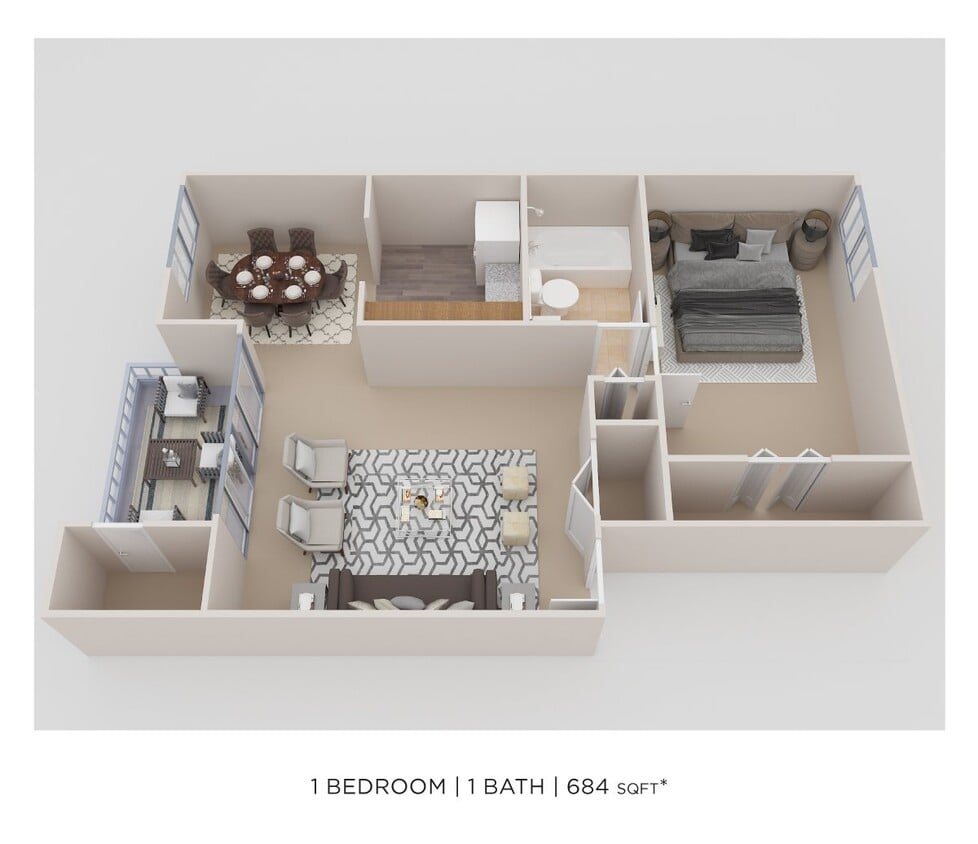 Floor Plan - One Bedroom - 684 sqft