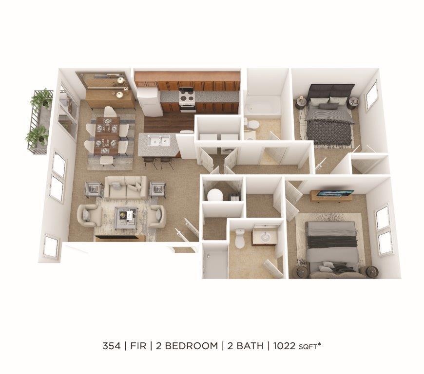 Floor Plan - Two Bedroom 2 Bath- 1,022 sqft