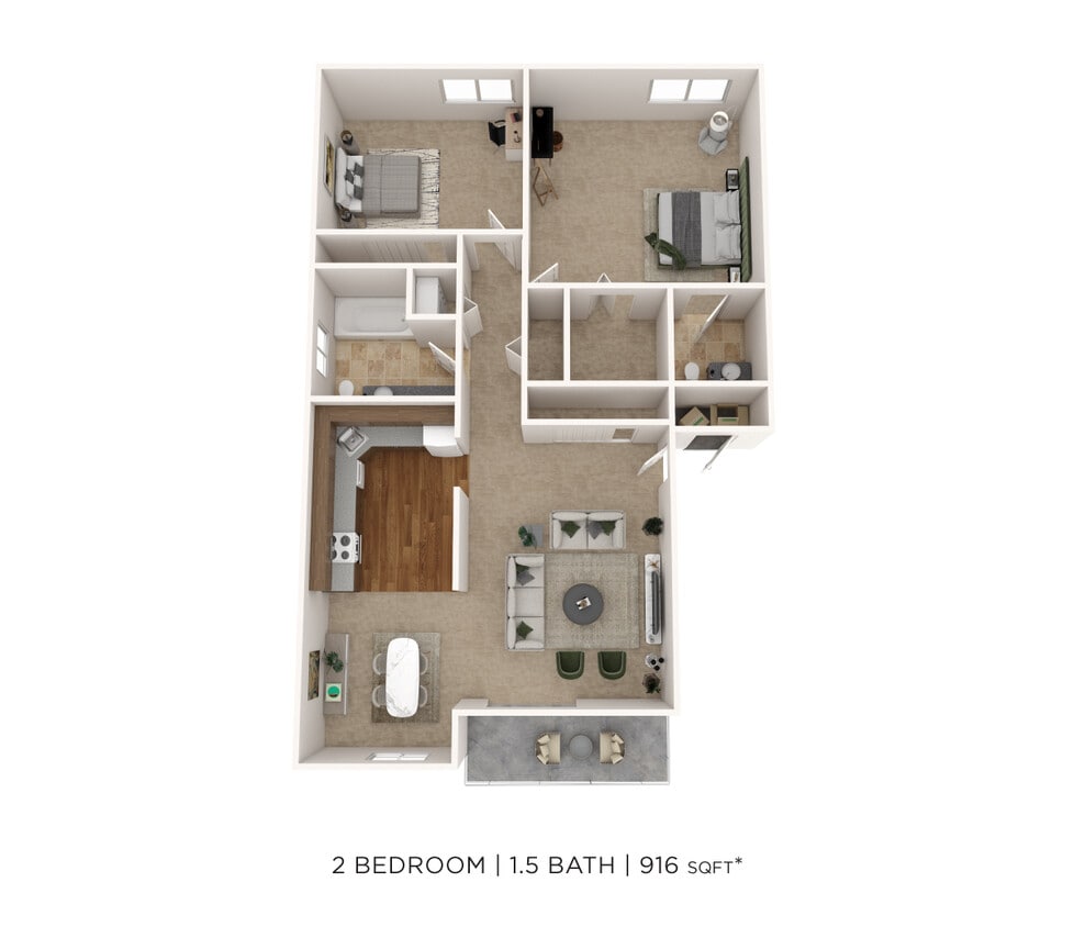 Floor Plan - Two Bedroom 1.5 Bath-916 sqft