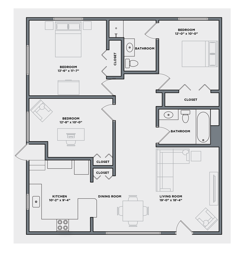 Floor Plan - Three Bed, Two Bath