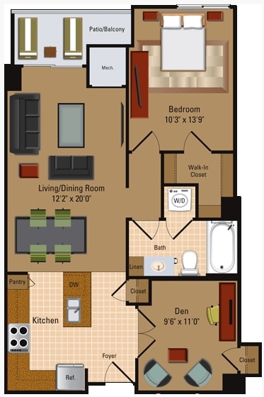 Floor Plan - 1 Bedroom, 1 Bath + Den - A4D