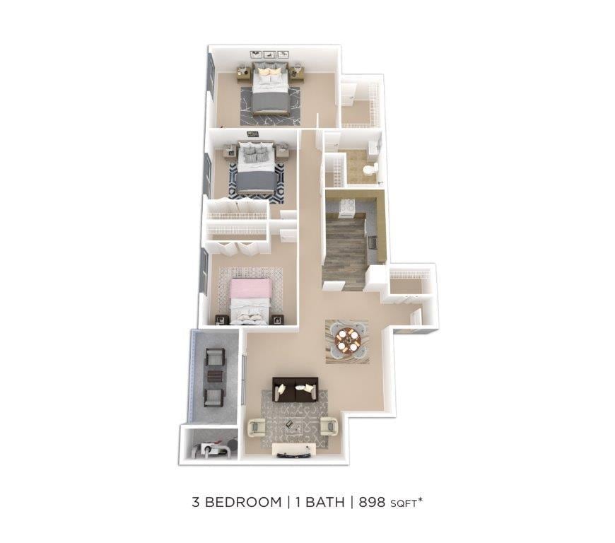 Floor Plan - Three Bedroom - 898 sqft