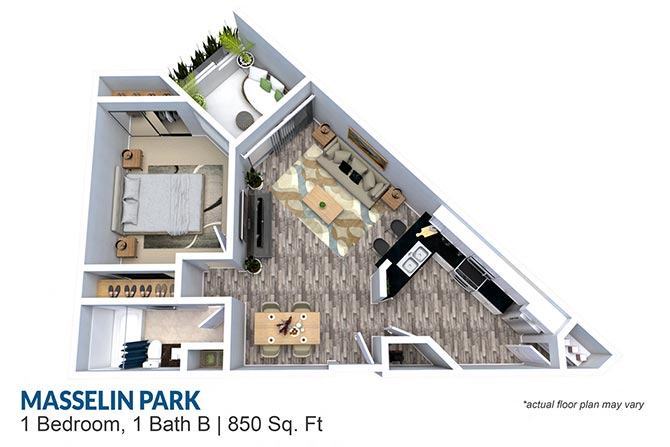 Floor Plan - 1 Bedroom 1 Bath 850 sq ft