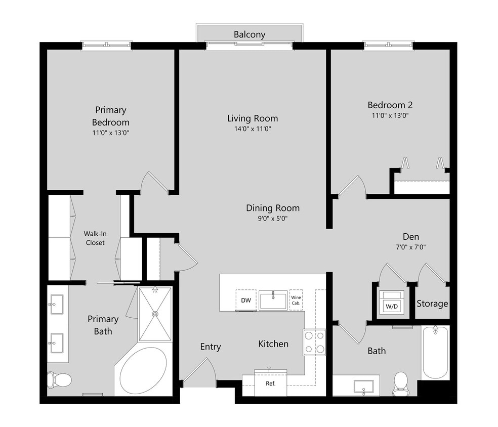 Floor Plan - 2 Bed 2 Bath Flat + Den A