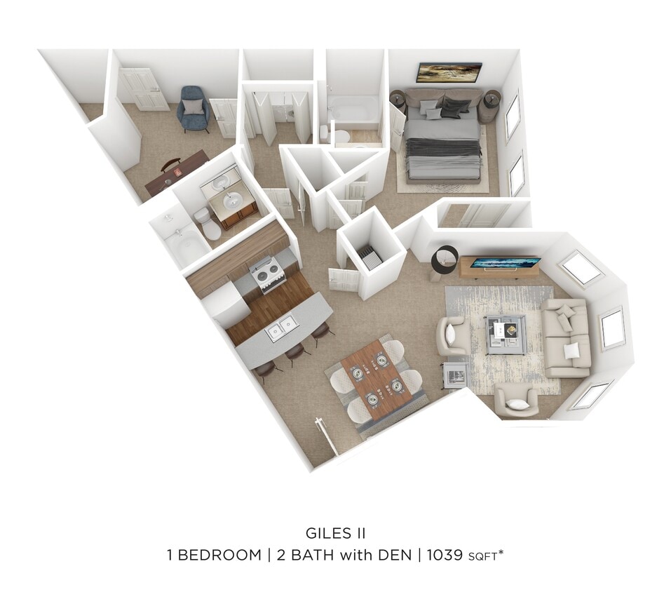 Floor Plan - One Bedroom 2 Bath w/ Den - Giles II - 1,101 sqft