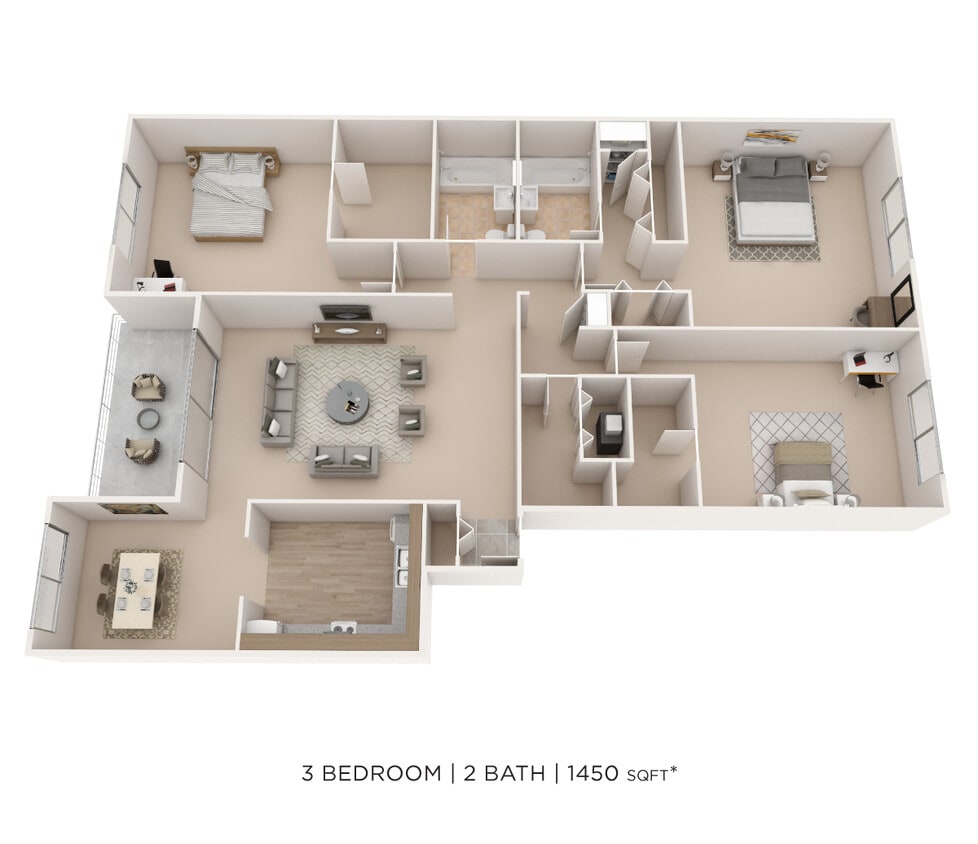Floor Plan - Three Bedroom 2 Bath-1450 sqft
