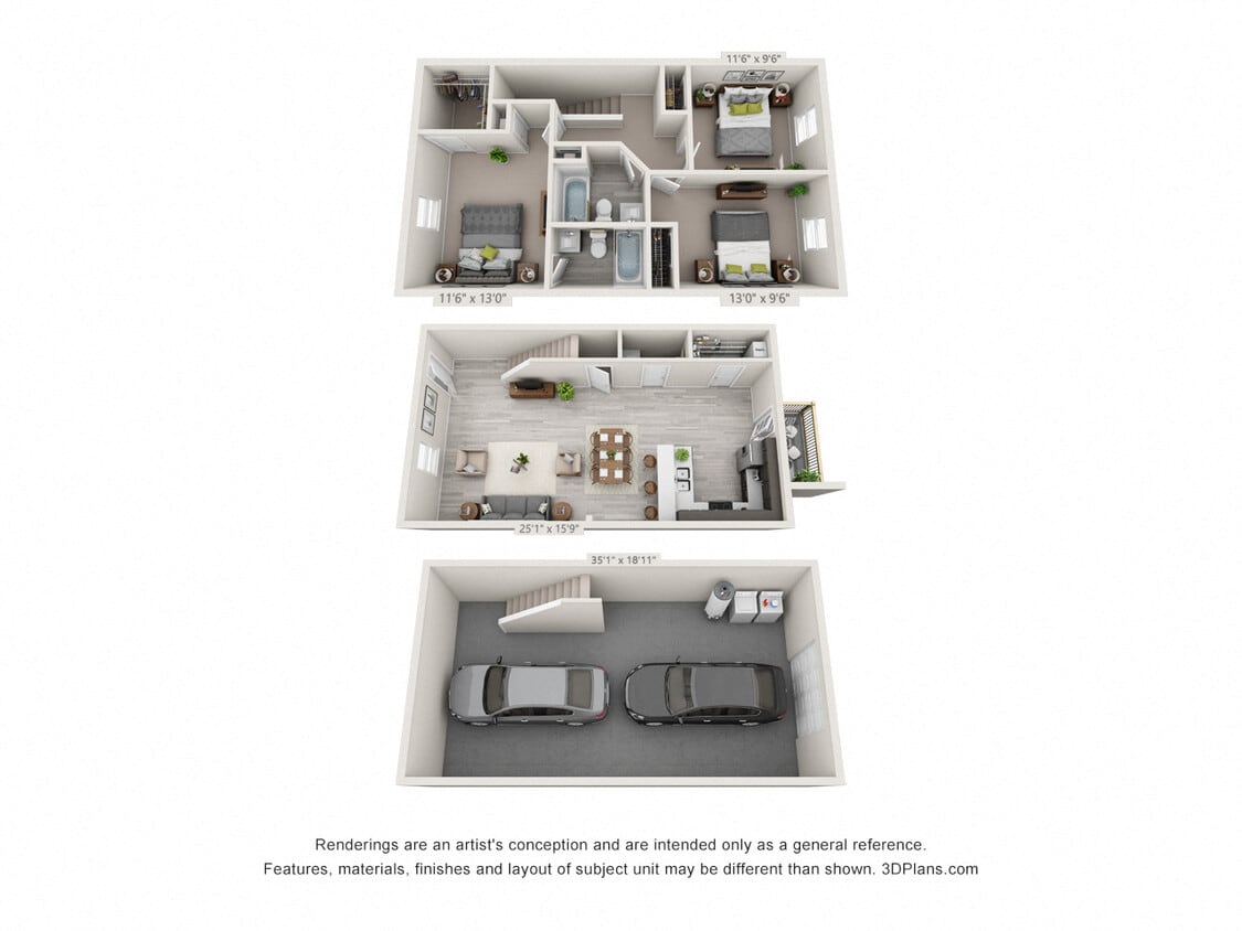 Floor Plan - 3 Bedroom, 2.5BA Townhome with Drive Under Garage