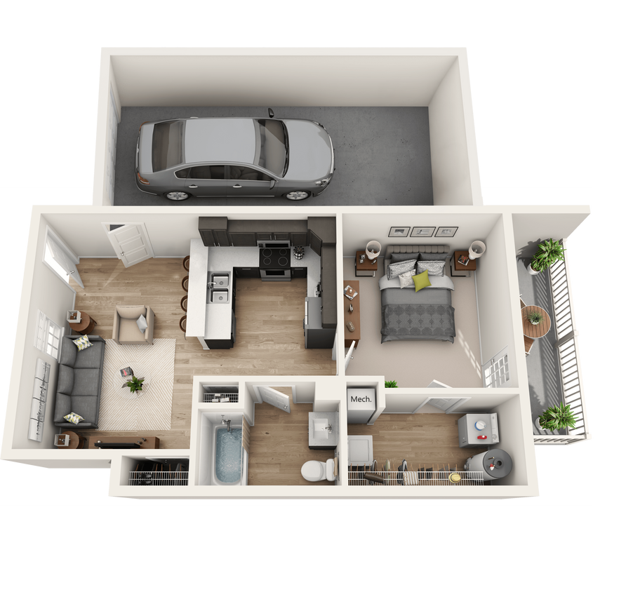 Floor Plan - 1 Bedroom with attached Garage - 680sf