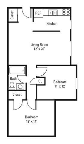 Floor Plan -   2 Bedroom, 1 Bath 770 sq. ft.