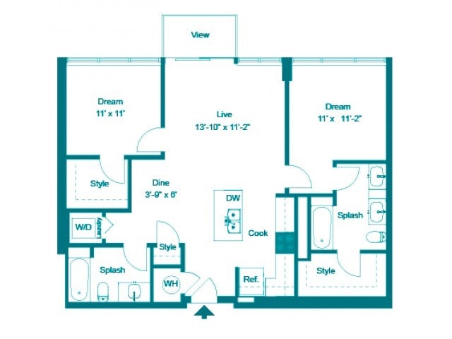 Indigo Floorplan - Two Bedroom Two Bath (1034 SF)