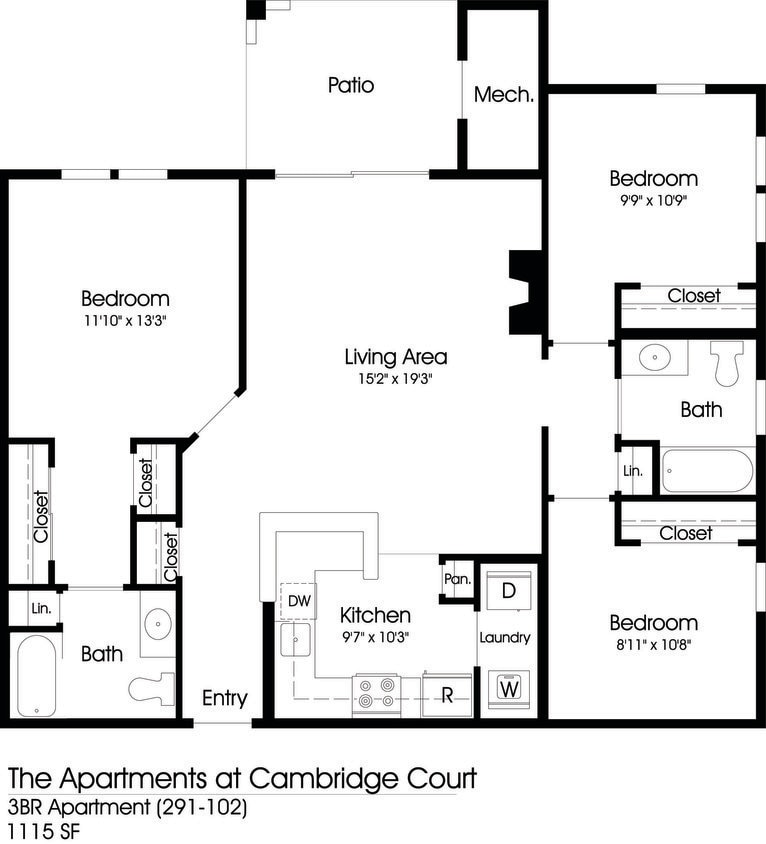 Floor Plan - 3BR 2BA (1115sf)