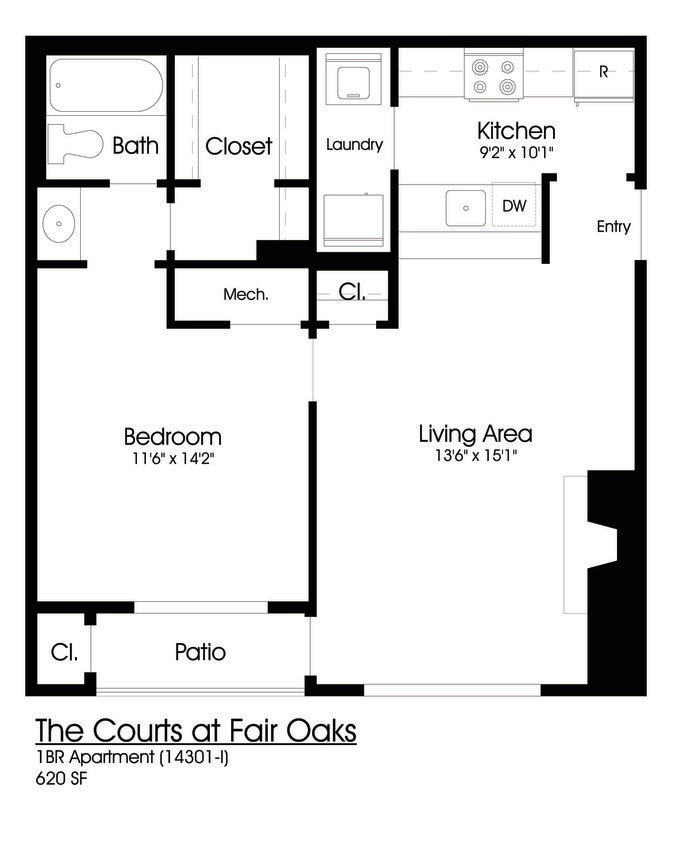 Floor Plan - 1BR 1BA (650sf)