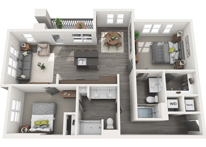 Floor Plan - 2 Bedroom 2 Bath - 1084 sq. ft.
