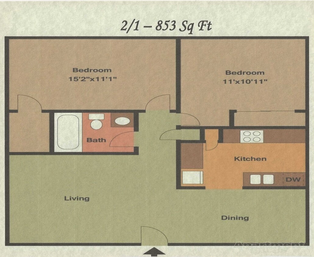 2-Bedroom Floor Plan - 2 Bedroom 1 Bath