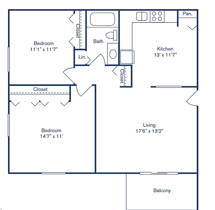 2x1_858_sqft_south[1] - 2 Bedroom, 1 Bath (858 sqft.) - South