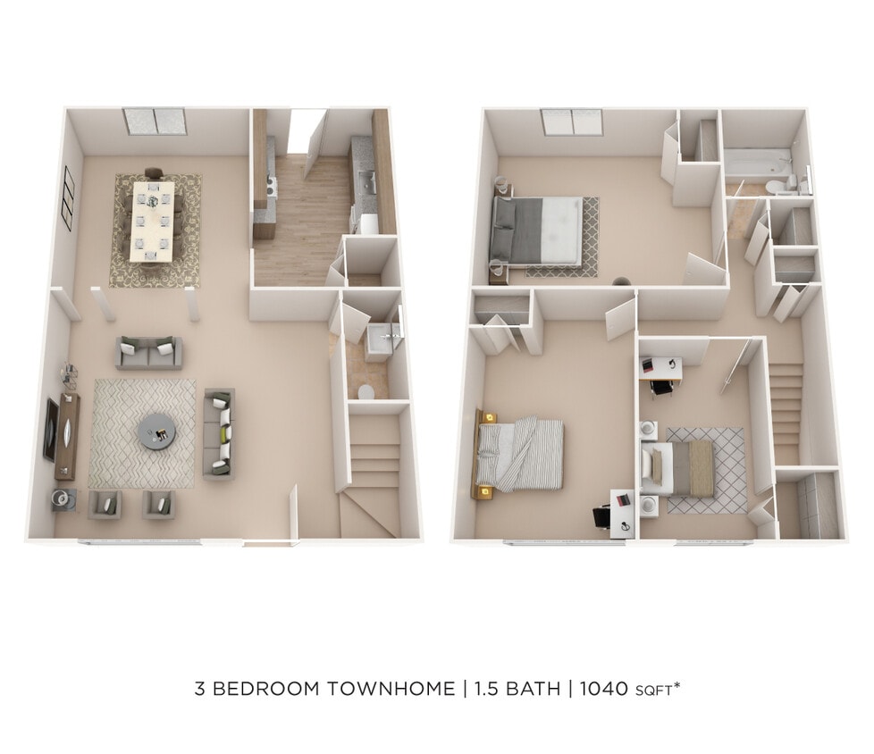 Floor Plan - Three Bedroom 1.5 Bath Townhome - 1,040 sqft