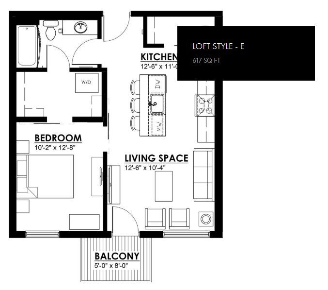 Floor Plan - 1 Bed 1 Bath - 617 sf