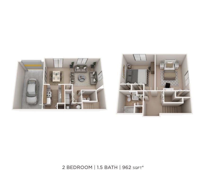 Floor Plan - Two Bedroom 1.5 Bath- 962 sqft