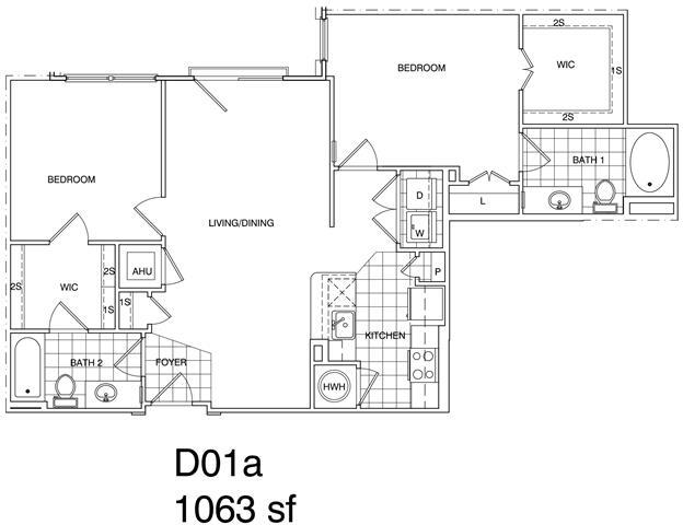 Floor Plan - 2 Bedroom, 2 Bath 1063 SF KD1.1