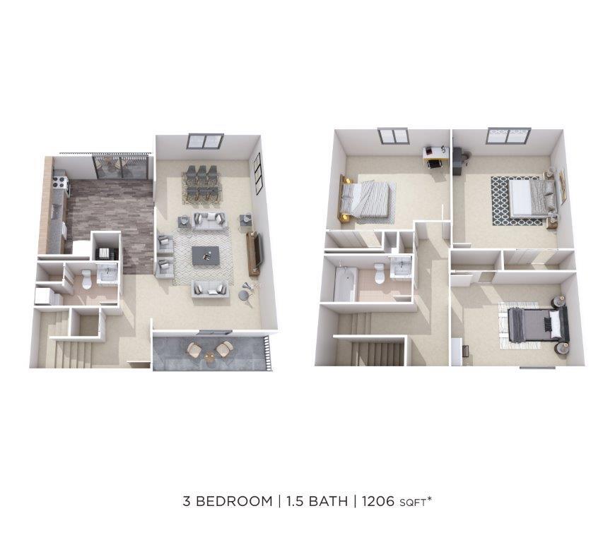 Floor Plan - Three Bedroom 1.5 Bath Townhome