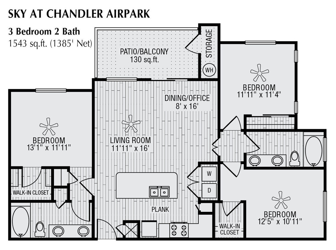 Floor Plan - 3 Bed 2 Bath 1543 SqFt (1385 Net) 