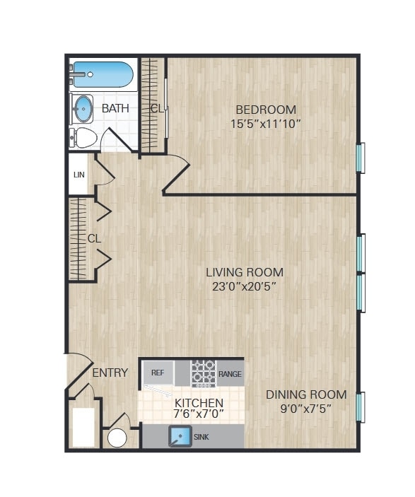 1 Bedroom, 1 Bedroom Large. 750 Sq. Ft. - 1 Bedroom, 1 Bath Large