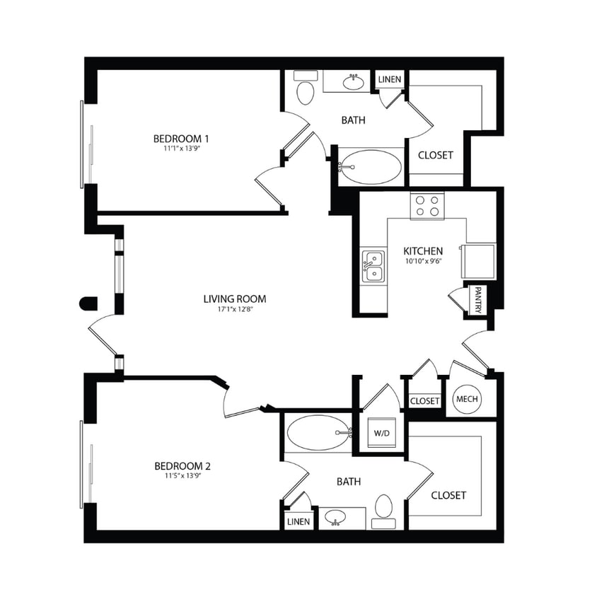 Floor Plan - 2 Bedroom, 2 Bath 1072 SF B3A