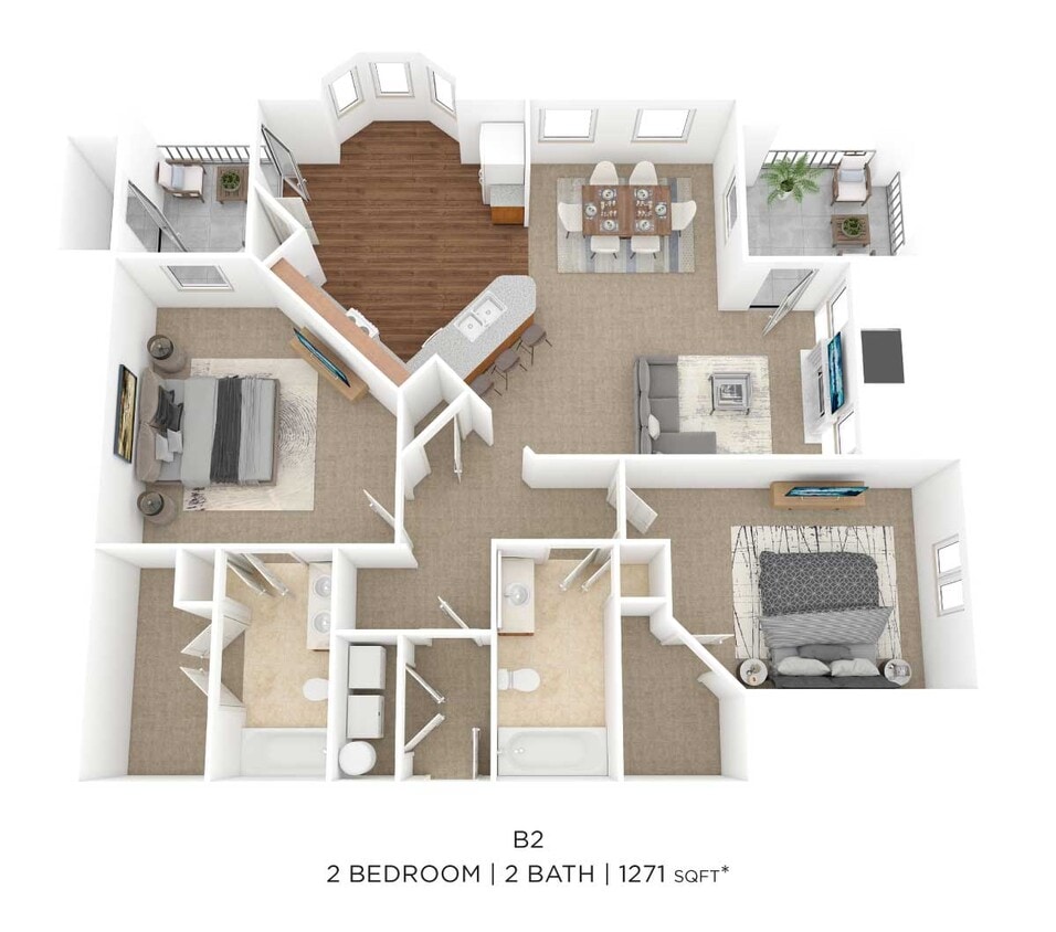 Floor Plan - Two Bedroom 2 Bath-1271 sqft